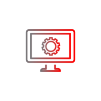 An icon that goes from grey to red in a gradient of a computer screen with a cog in the middle