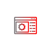 An icon that goes from grey to red gradient of a computer screen with text and a cog on it